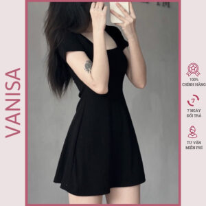 Mua ngay ￼Váy gân đũa dáng xòe ngắn tay cổ vuông kiểu ôm body basic xám đen VANISA V1