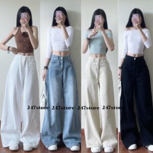 Quần Jean Ống Rộng dáng dài form loe thêu nơ màu tôn dáng quần bò ống rộng QU19