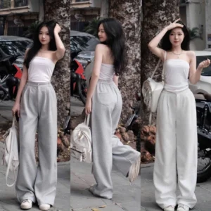 Hottrend Quần nỉ 2Da dáng suông ống rộng dày dặn, cạp chun, khóa kéo,có 4 túi dáng ngắn ~92cm,dáng dài ~102cm.